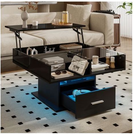 Table Basse Relevable 78x78x59,5 - Table basse salon design moderne noire haute brillance avec grand rangement caché et tiroir (1/5)