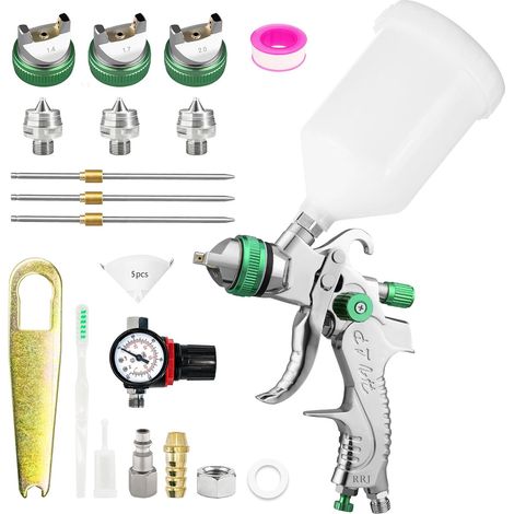 HVLP Pistolet à peinture avec 3 buses – 1,4/1,7/2,0 mm, pistolet à peinture, pistolet à peinture à air comprimé, avec gobelet en plastique de 600 ml et régulateur de (1/5)
