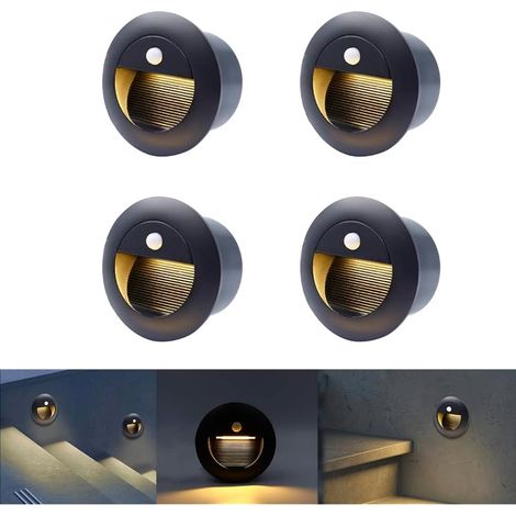 led escalier detecteur de mouvement, Applique Encastré Murale 1.5W 3000K IP65 65mm, Blanc chaud applique avec boîte, 230V eclairage mural alu escalier encastrable marchepied, noir(Paquet de 4) (1/5)