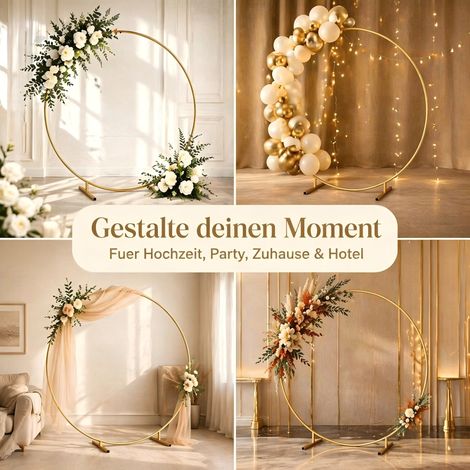 Beyamis Arche de ballons ronde de 2 mètres avec motif floral, support doré, cadre, mariage, neuf (1/5)