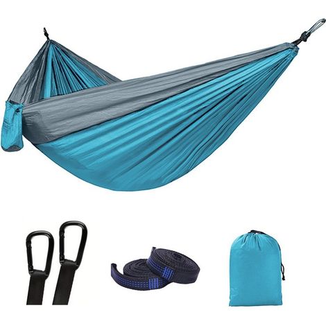 Filiyano-Hamac de camping double, 270 x 140 cm, charge maximale 200 kg, en nylon parachute respirant, hamac de voyage ultraléger. Bleu clair. (1/5)