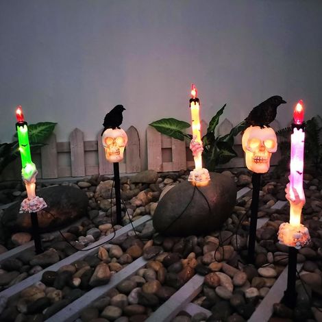 Lot de 5 lampes solaires d'extérieur à piquer dans le sol (motifs : crâne de corbeau, main de fantôme), décoration lumineuse étanche pour jardin et Halloween. (1/5)