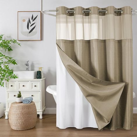 Filiyano-Rideau de douche sans crochets avec doublure en tissu à pression, rideau de douche gaufré résistant avec fenêtre en filet en haut, style (1/5)