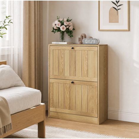 Scarpiera da 60 cm con 2 ante a ribalta, capacità da 6 a 12 paia di scarpe, realizzata in MDF effetto rovere e truciolato (1/5)