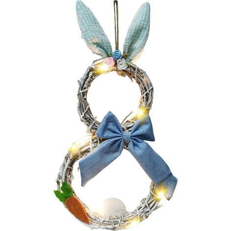 Osterkranz mit Lichterkette, Hase und Karotten Frühjahrsdekoration Künstliche Blumenkränze Hängende Ornamente für Feiertags-Partydekoration (1/4)