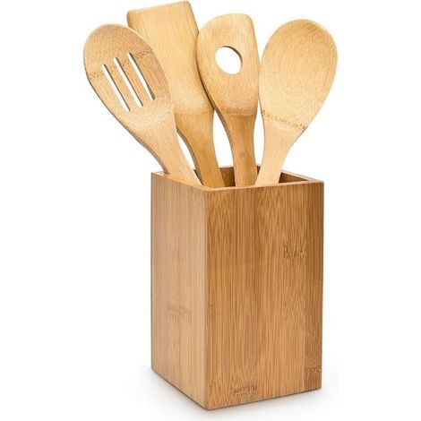 Ustensile de cuisine bambou 5 pièces avec support (1/5)
