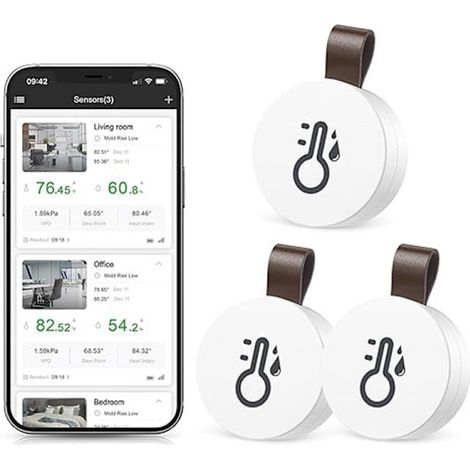 Thermomètre et hygromètre sans fil – Appareil de mesure de température et d'humidité WiFi avec notification via application et fonction d'enregistrement des données (3 pièces) (1/4)