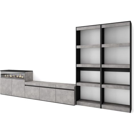 Ensemble Meuble TV Meuble Salon Complet 370x186x35cm pour Les TV jusqu'à 65" Cheminée électrique Style Moderne Ciment (1/5)