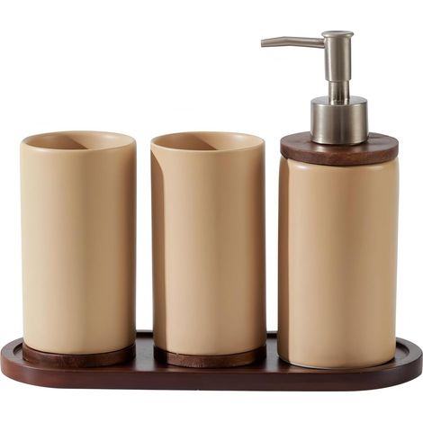 Lot de 4 accessoires de salle de bain en céramique, avec porte-brosse à dents, distributeur de savon, plateau en bois et gobelet à brosse à dents (1/5)