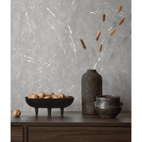 Papier peint gris, argent brillant aspect béton structure moderne look industriel pour salon, chambre à coucher, cuisine, 10,05 x 0,53 m (1/4)