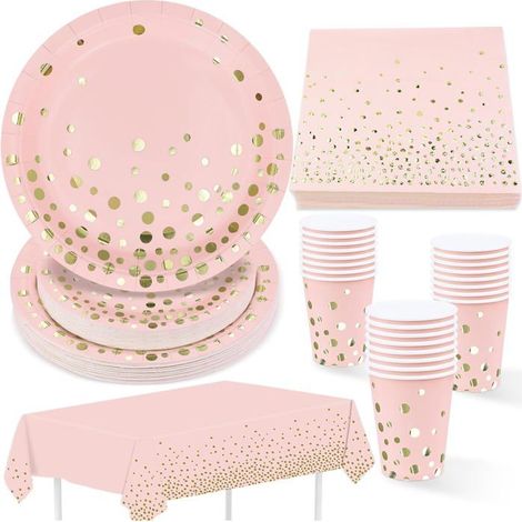 97 pièces vaisselle jetable, rose avec dorure, nappe + assiettes + gobelets + serviettes, fête élégante