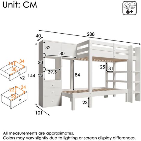 Lit superposé 90x200 cm avec veilleuse intelligente,design décalé avec armoire,étagère et tiroirs,espace de rangement généreux,90x200 cm,blanc (1/5)