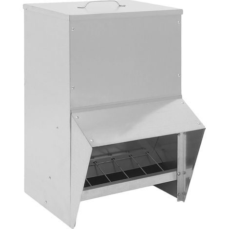 Comedero para aves de corral, capacidad de 25 litros, diseño anti-desperdicio, color plata. (1/2)