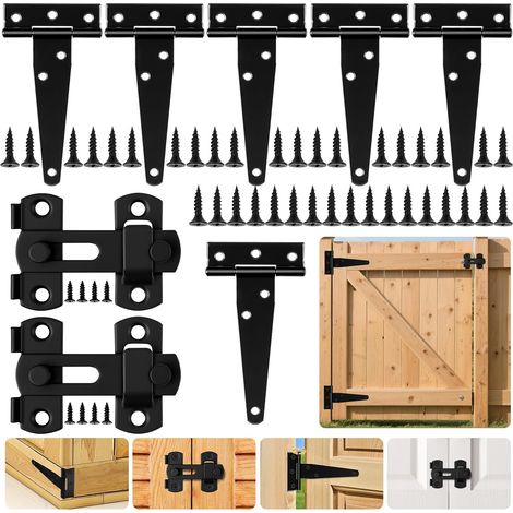 6-Piece Black T-Hinges, 4-Inch Metal Door Hinges with 2 Door Latches and 36 Screws, Heavy-Duty Stainless Steel for Shed Doors, Garden Gates, and Windows (1/5)