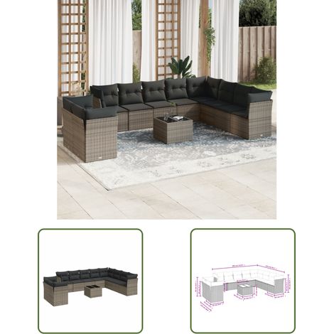 The Living Store 11-tlg. Garten-Sofagarnitur mit Kissen Grau Poly Rattan - Gartenmöbel - Esstischset - Lounge Set - Outdoor Möbel - Rattan Gartenmöbel (1/3)