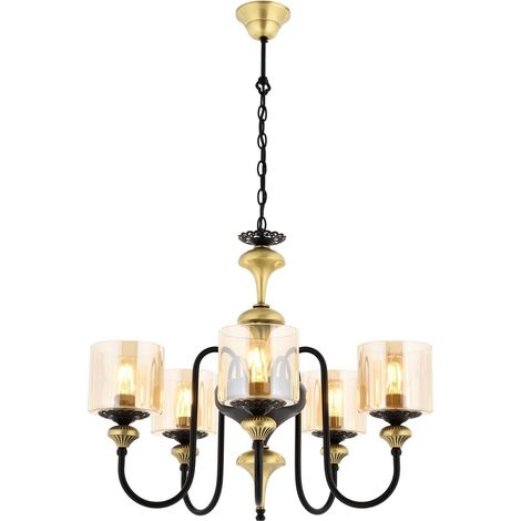 Lustre d'inspiration vintage, corps en métal, hauteur 100 cm, diamètre 62 cm, 5 ampoules E27 max. 40 W, finition noire et vintage, design traditionnel américain glamour