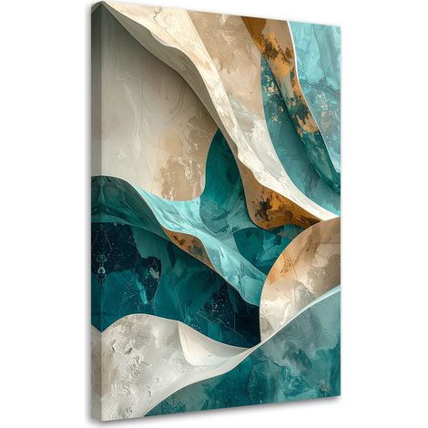 Cuadro en Lienzo, Olas abstractas líneas efecto 3D turquesa beige, 20x30 (1/5)