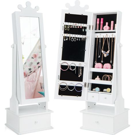 Grand Rangement Armoire à Bijoux Enfant Miroir Plein Pied 2 Positions Tiroir et Base Stable pour Fille dès 3 Ans Blanc (1/5)