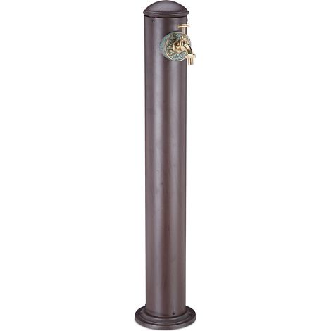 Relaxdays Wasserzapfsäule für Garten, antik, mit Wasserhahn, 3/4 Zoll Anschluss, runde Zapfsäule, 91 cm hoch, braun