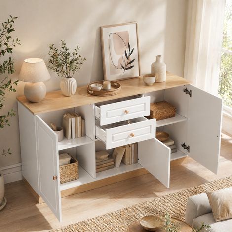Buffet enfilade 135,5 cm 2 tiroirs bois blanc OKMYHOME (1/5)
