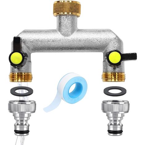 Robinet Double Sortie 2 Voies, Robinet Distributeur 3/4 Pouce, Robinet Double Exterieur Jardin avec Robinet à Boisseau Sphérique, pour Régler et Couper Le Débit d'eau, pour Maison, Jardin (1/5)