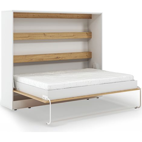 Cama abatible horizontal 140x200 somier incluido Devon Blanco y Madera (1/4)