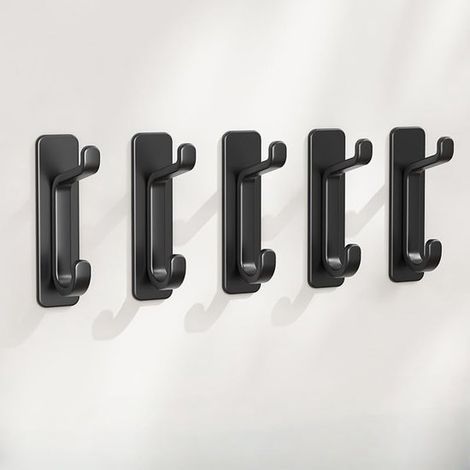 5 lose selbstklebende Wandhaken, selbstklebende Kleiderbügel und Rucksackhaken, geeignet zur Wandmontage (schwarz). (1/5)
