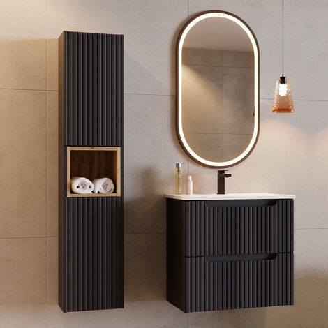Ensemble meuble simple vasque encastrée 60cm 2 tiroirs et colonne Riva Noir et Bois (1/5)