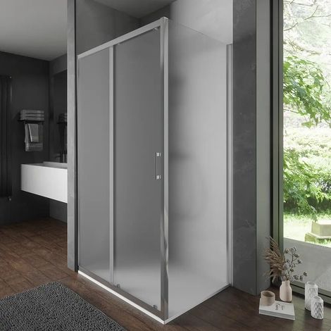 Box Doccia 80x100 cm Porta Scorrevole e Parete Fissa Profili in Alluminio Cromato Vetro temperato 6mm Opaco con Trattamento Easy-clean h198 - Reversibile Mod. Tahiti (1/5)