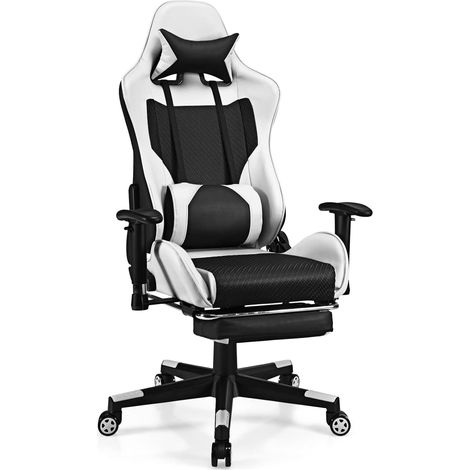 COSTWAY Silla Gaming, Silla Gamer con Respaldo Alto y Reposapiés, Reposabrazos Ajustables, Silla de Oficina Giratoria 360°para Videojuegos con Soporte Lumbar (Blanco) (1/5)