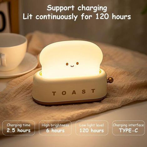 Veilleuse LED rose en forme de toast - Lampe de chevet enfant rechargeable - Luminosité réglable - Avec fonction minuterie (1/4)