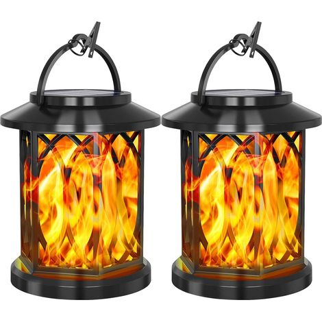 Solar Laternen für Draußen, Solarlampen für Außen Hängend mit Realistische Flammeneffekte, IP65 Wasserdicht Solarlaterne mit Klemmen für Hof Balkon Garten Deko, 2 Stück (1/5)