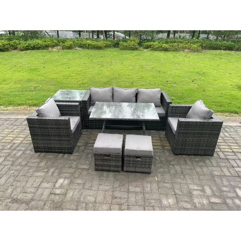 Fimous 7 places Ensemble Repas de Jardin Exterieur avec Canapé Table à manger 2 Fauteuil 2 Petits tabourets Gris foncé mixte (1/5)