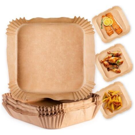 QORVA – Packung mit 200 Backpapierbögen für 5-6 Liter Heißluftfritteusen – Antihaft- und ölbeständiges Backpapier – Flexible Form – 20 x 20 x 4,5 cm (1/5)