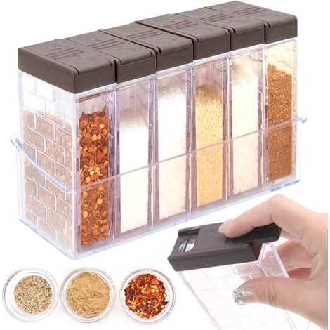 Set per spezie con 6 scomparti, in plastica trasparente con coperchi dosatori e supporto marroni, contenitore multifunzionale per spezie da cucina. (1/5)