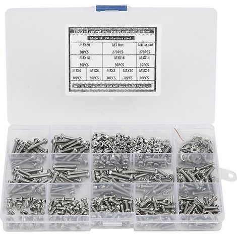 Kit d'assortiment de 810 vis, écrous et joints à tête ronde M3 en acier inoxydable 304