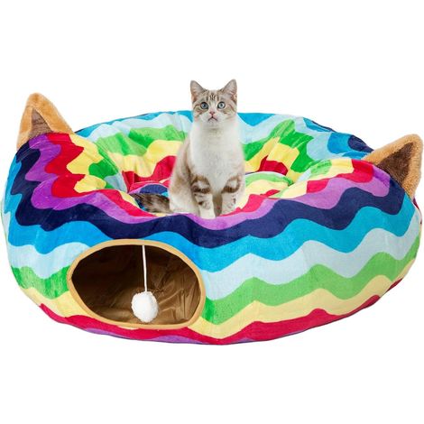 Lit tunnel de Noël pour chat avec balle en peluche, petit coussin et conception flexible - 25 cm de diamètre, 80 cm de longueur - parfait pour les chats et les petits chiens, motif vagues arc-en-ciel.