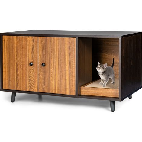 Maison latérale 2 en 1 pour chat, table et armoire pour chat avec 2 portes, table basse et bac à litière en bois, grotte pour chat avec design étanche, bonne circulation de l'air, 90 x 50 x 50 (1/5)