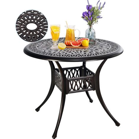 GOPLUS Table à Manger Ronde d'Extérieur de 91 cm, Table Jardin Exterieur en Fonte d'Aluminium avec Trou Parasol de 5 cm et Pieds Réglables, pour Piscine, Balcon,Charge 75KG, 90 x 72 CM (1/5)