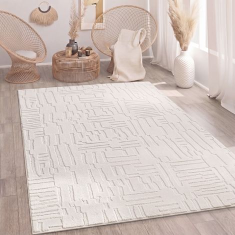Paco Home Tappeto Soggiorno Pelo-Alto Scandi Boho Geometrico Tinta-Unita Lavabile Crema 200x280 cm