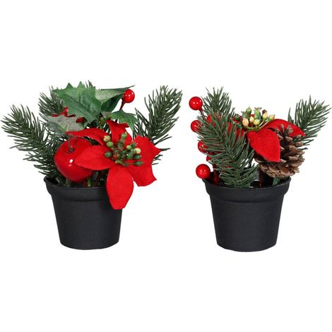 Compositions artificielles mixtes de 2 pots Poinsettia, baies, sapin H 14 cm D 13 cm (1/3)