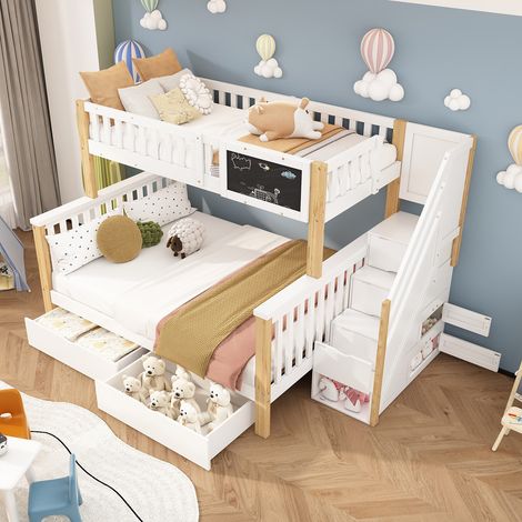 Lit superposé enfant 90x200+140x200 Lit mezzanine 2 personnes lit double lit enfant multifonction avec planche et tiroir sans matelas,naturel (1/5)
