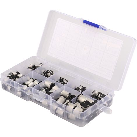 180 condensateurs électrolytiques en aluminium SMD (16-50V, 1uF/4.7uF/10uF/22uF/47uF/100uF/220uF/330uF/470uF/1000uF) en 10 tailles différentes, avec boîtier en plastique. (1/5)