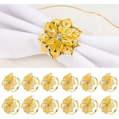 Ronds de Serviette - Doré - Lot de 12 - Métal - Design Floral - Réutilisables (1/4)