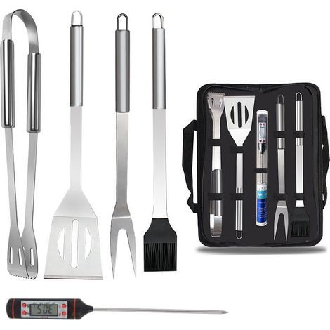 5 Piece BBQ Utensil Set with Thermometer, Stainless Steel Carry Bag, Barbecue Accessories, Camping