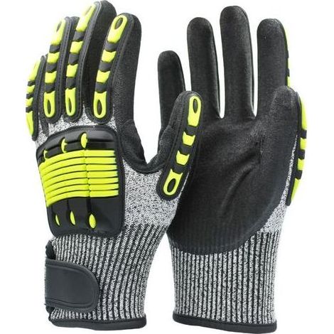 Deux gants de travail jaunes taille L, résistants aux coupures, à l'abrasion, aux chocs, aux impacts et aux perforations. (1/5)