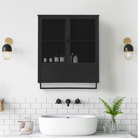 Armadietto a parete 60x23x78 cm nero in vetro e metallo con ripiani a due livelli e porta asciugamani (1/5)