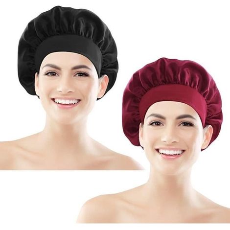 2 Stück Satin-Schlafhauben, breite elastische Satin-Nachthauben, atmungsaktive Haarhauben (1/4)