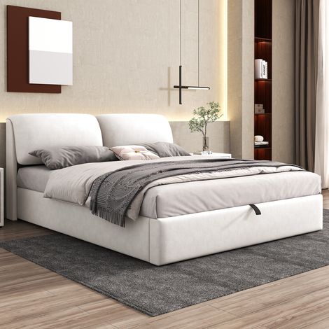 Bett Doppelbett Stauraum 180x200 Samt Beige OKMYHOME