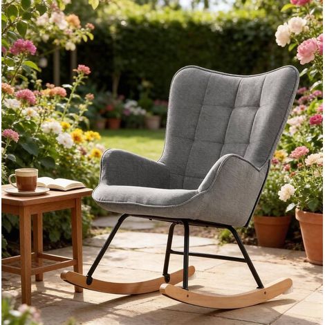 Poltrona a dondolo grigio scuro in velluto, metallo e legno massello con schienale alto ergonomico (1/5)